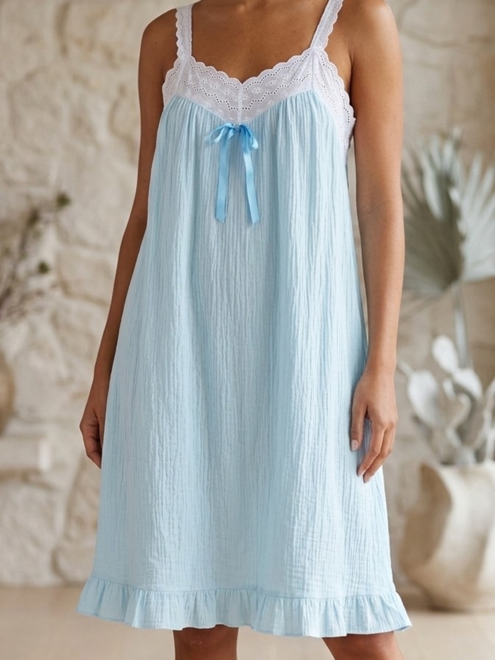 Light Blue Eyelet-Trim Sleep Chemise with Bow